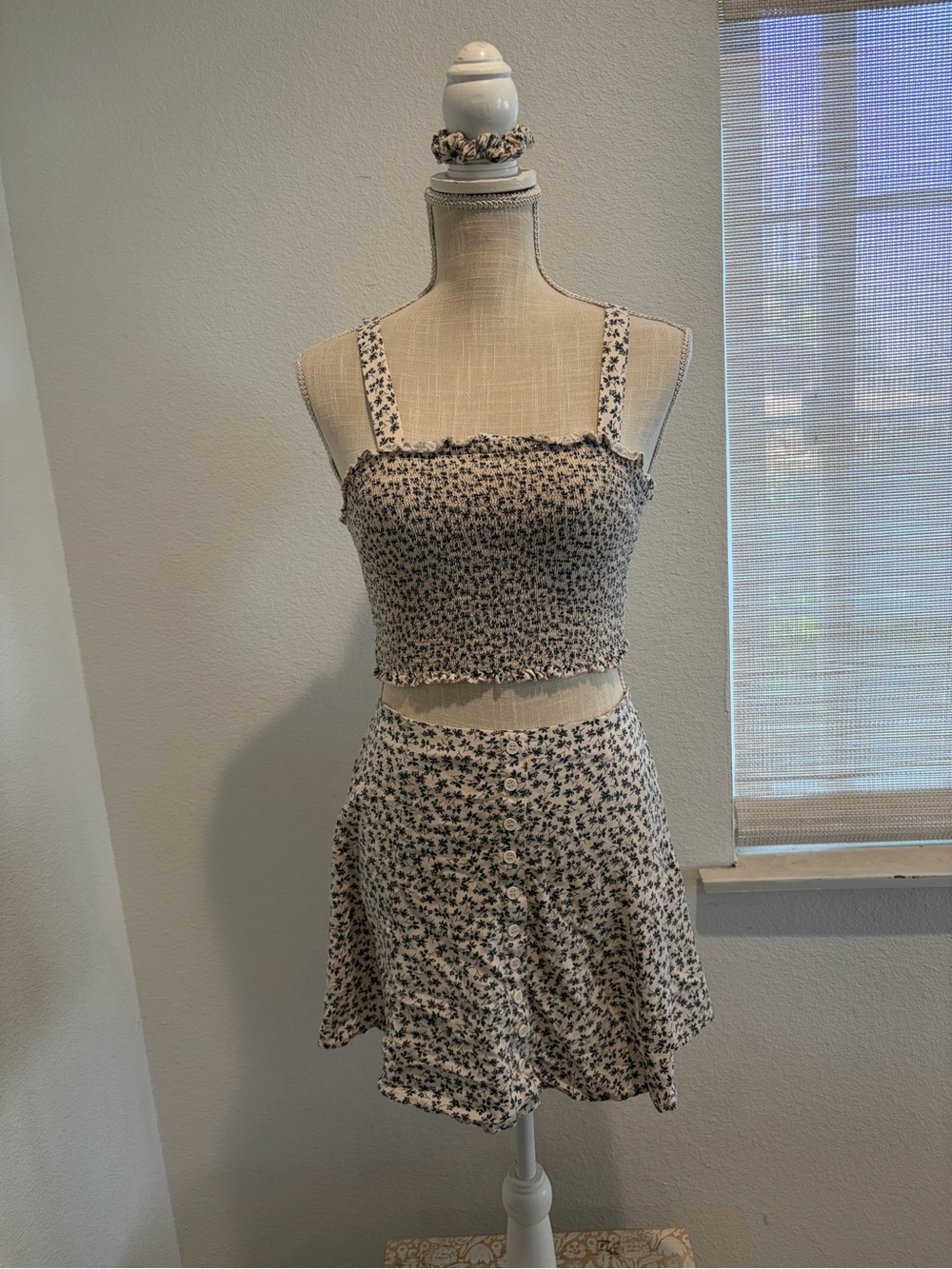 Floral Smocked Crop Top and Button-Front Skirt Set w/ scrunchie- Cream/Blac